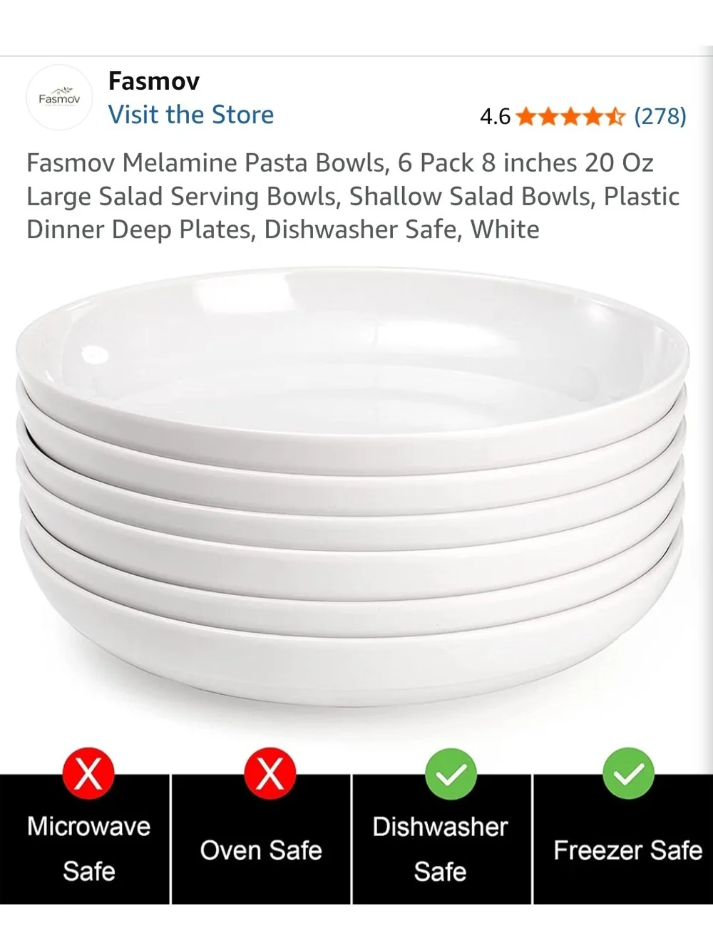 Fasmov Set of 6 White Melamine Pasta / Salad Bowls – 8
